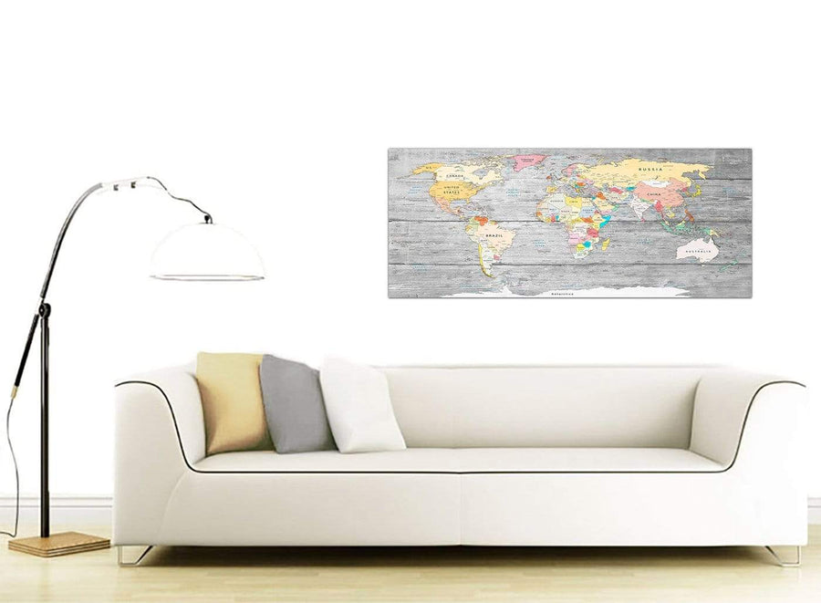 Contemporary Grey Large Map Of World Canvas Art Print Colourful Light Grey Maps Canvas Modern 120cm Wide 1306 For Your Study