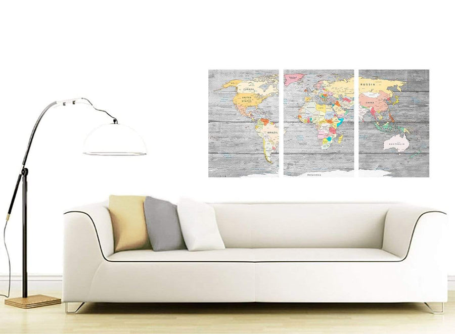 Contemporary Grey Large Map Of World Canvas Art Print Colourful Light Grey Maps Canvas Multi 3 Panel 3306 For Your Dining Room