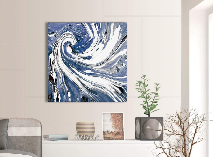 Contemporary Indigo Blue White Swirls Modern Abstract Canvas Wall Art Modern 79cm Square 1S352L For Your Dining Room
