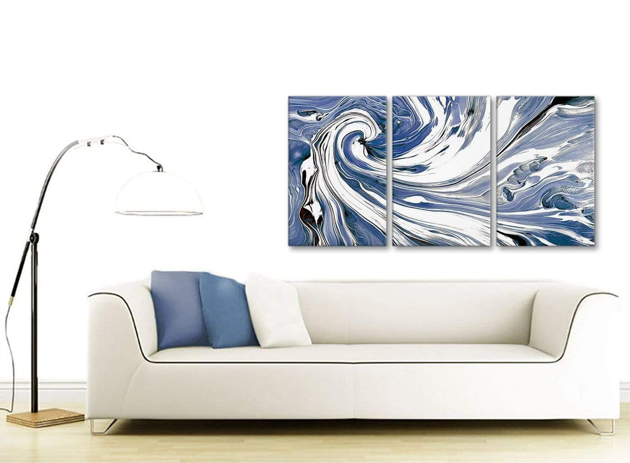 Contemporary Indigo Blue White Swirls Modern Abstract Canvas Wall Art Split 3 Piece 125cm Wide 3352 For Your Living Room