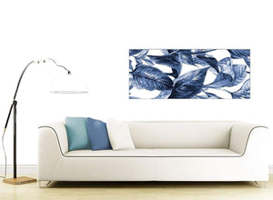 Contemporary Indigo Navy Blue White Tropical Leaves Canvas Modern 120cm Wide 1320 For Your Dining Room