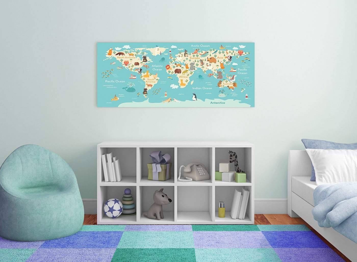 Animal Map of World Atlas Canvas Art for Childrens Nursery - Education