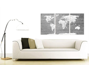 Contemporary Large Black White Map Of World Atlas Canvas Wall Art Print Multi 3 Panel 3315 For Your Living Room