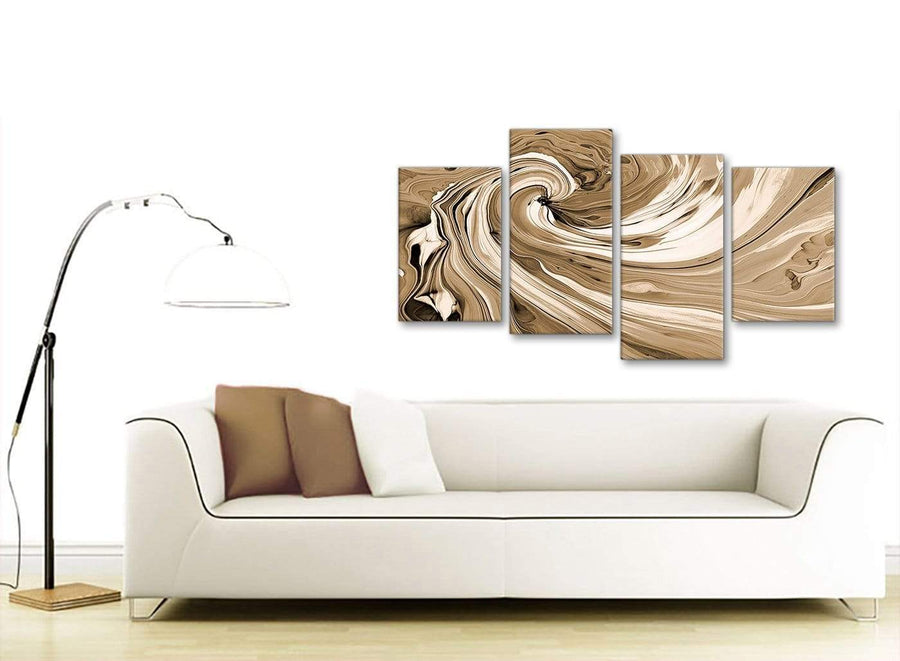 Contemporary Large Brown Cream Swirls Modern Abstract Canvas Wall Art Split 4 Panel 130cm Wide 4349 For Your Kitchen