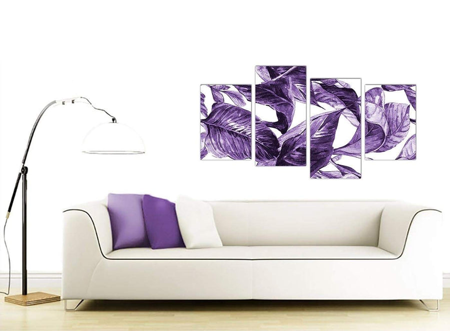 Contemporary Large Dark Purple White Tropical Exotic Leaves Canvas Split 4 Piece 4322 For Your Dining Room