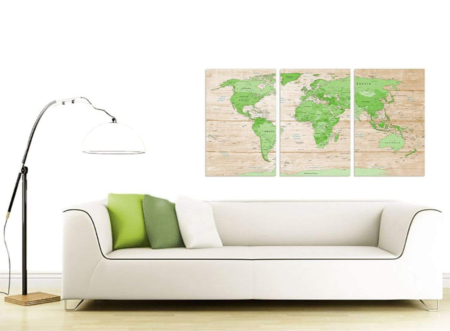 Contemporary Large Lime Green Cream World Map Atlas Canvas Split Set Of 3 3310 For Your Living Room