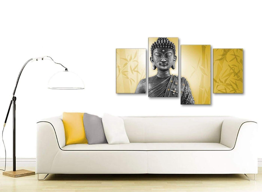 Contemporary Large Mustard Yellow And Grey Silver Wall Art Print Of Buddha Canvas Multi 4 Panel 4328 For Your Living Room