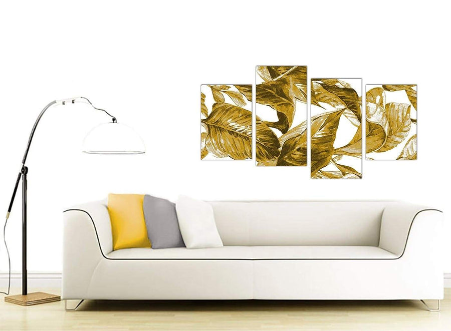 Contemporary Large Mustard Yellow White Tropical Leaves Canvas Split 4 Set 4318 For Your Living Room