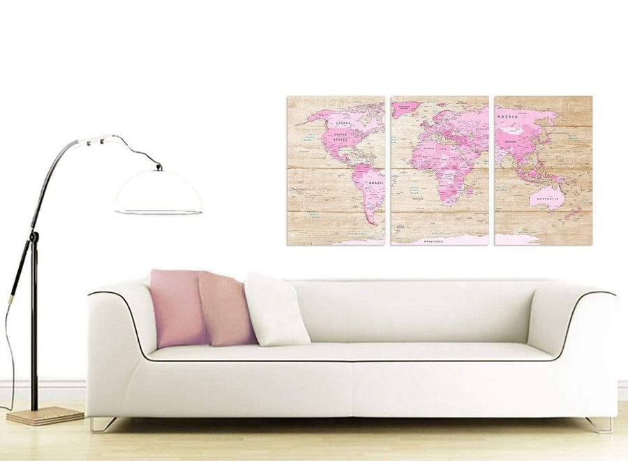 Contemporary Large Pink Cream Map Of World Atlas Canvas Split 3 Part 3309 For Your Girls Bedroom