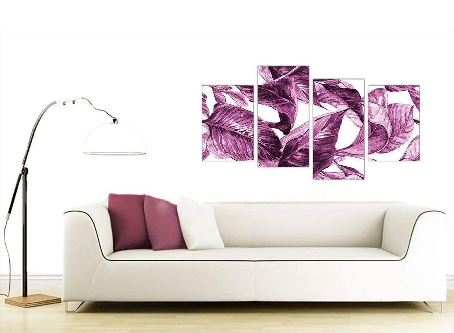 Contemporary Large Plum Aubergine White Tropical Leaves Canvas Multi 4 Set 4319 For Your Girls Bedroom