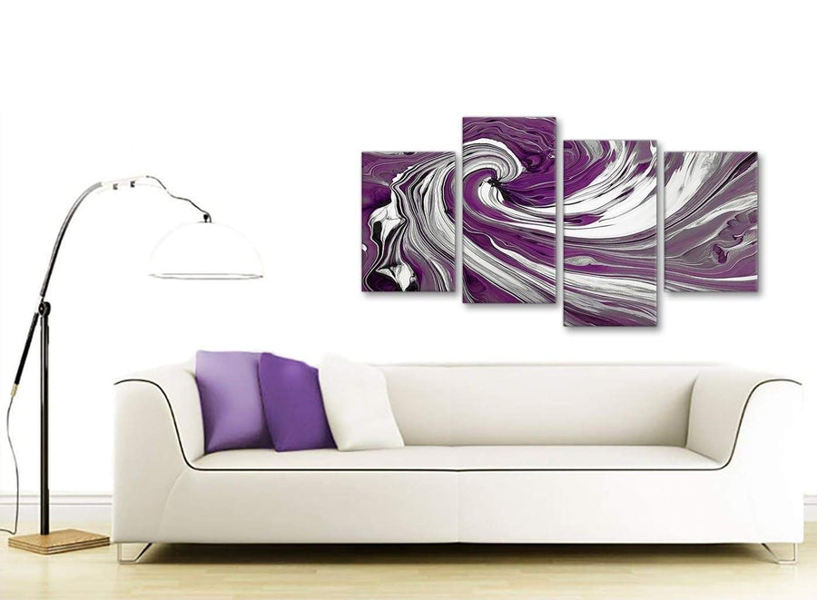 Contemporary Large Plum Purple White Swirls Modern Abstract Canvas Wall Art Split 4 Panel 130cm Wide 4353 For Your Living Room