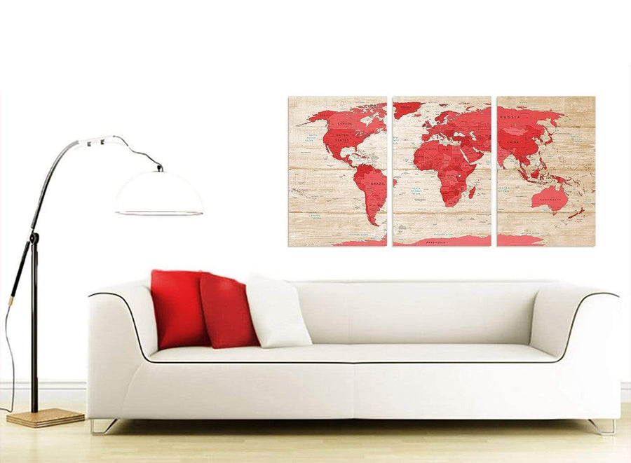 Contemporary Large Red Cream Map Of World Atlas Canvas Multi Set Of 3 3311 For Your Office