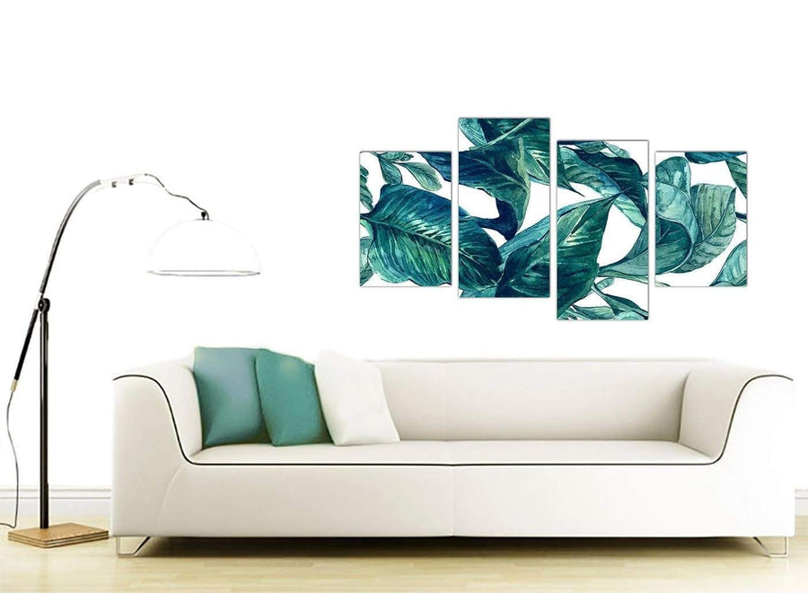 Contemporary Large Teal Blue Green Tropical Exotic Leaves Canvas Multi 4 Piece 4325 For Your Bedroom