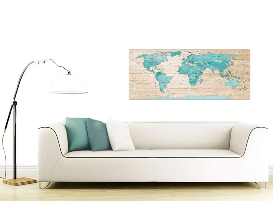 Contemporary Large Teal Cream Map Of World Atlas Canvas Modern 120cm Wide 1313 For Your Kitchen