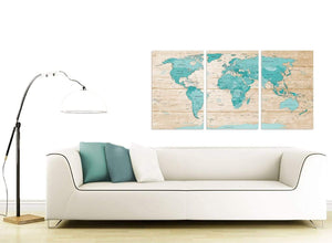 Contemporary Large Teal Cream Map Of World Atlas Canvas Split 3 Set 3313 For Your Dining Room