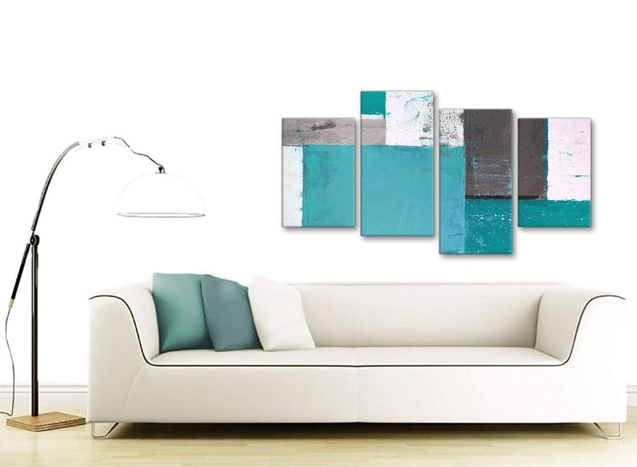 Contemporary Large Teal Grey Abstract Painting Canvas Wall Art Split 4 Panel 130cm Wide 4344 For Your Living Room