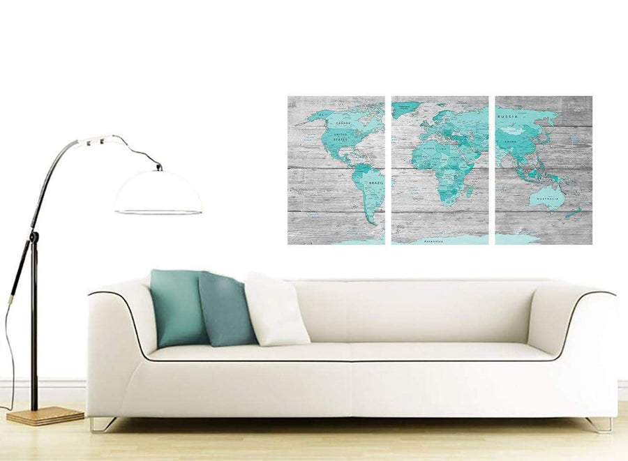 Contemporary Large Teal Grey Map Of World Atlas Maps Canvas Split 3 Part 3299 For Your Office