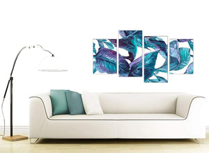 Contemporary Large Turquoise And White Tropical Leaves Canvas Split 4 Set 4323 For Your Living Room