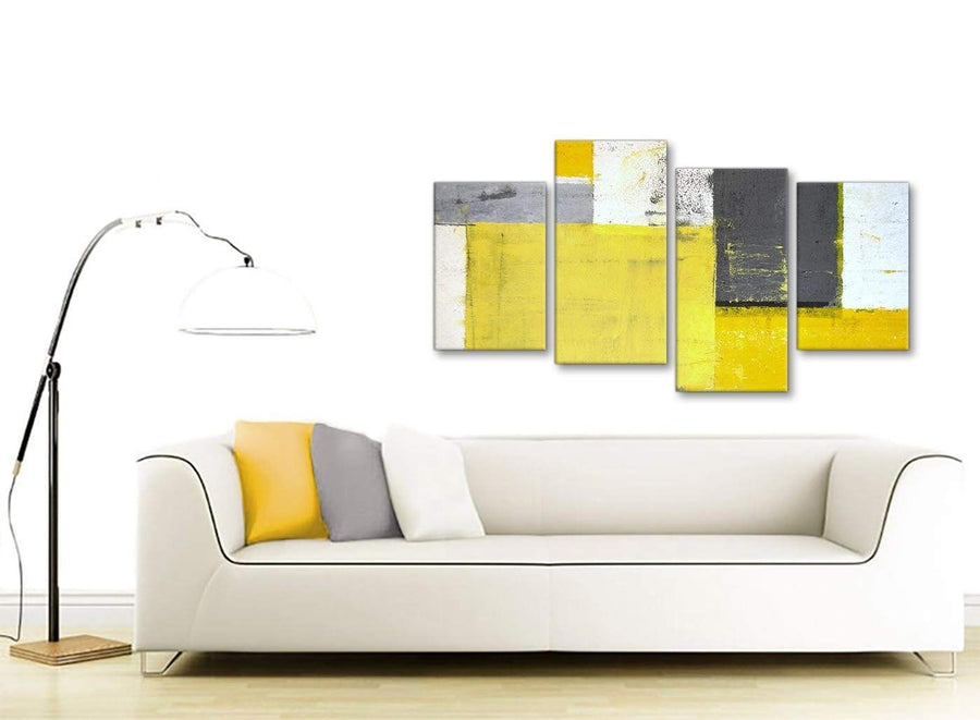 Contemporary Large Yellow Grey Abstract Painting Canvas Multi 4 Part 130cm Wide 4346 For Your Living Room