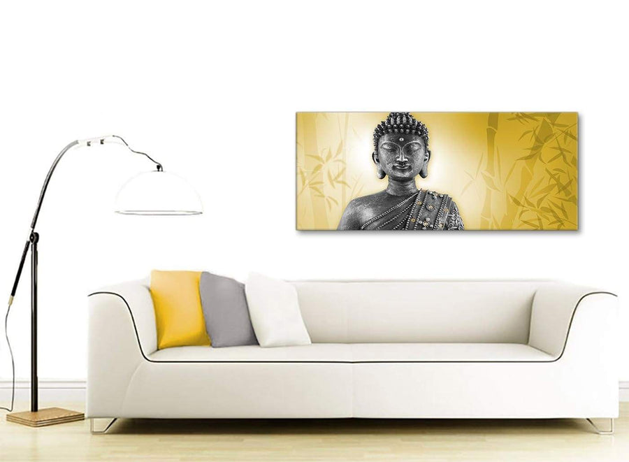 Contemporary Mustard Yellow And Grey Silver Wall Art Print Of Buddha Canvas Modern 120cm Wide 1328 For Your Dining Room