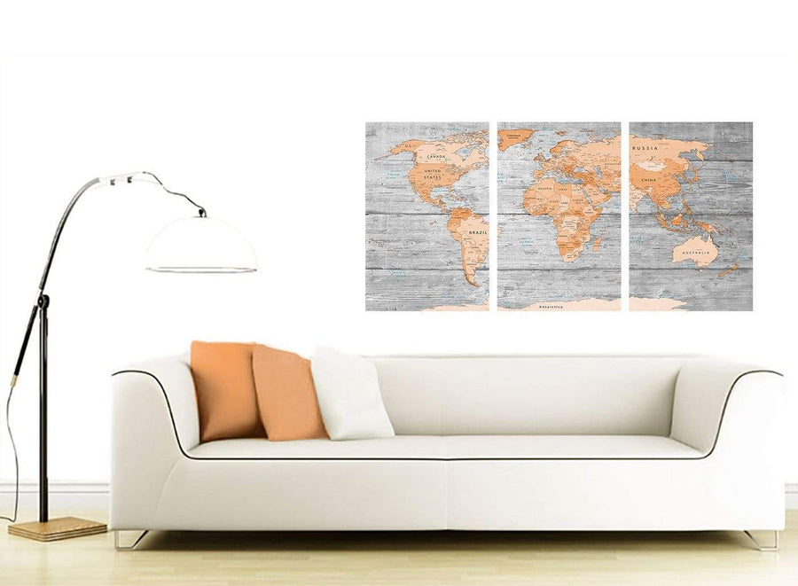 Contemporary Orange Cream Large Orange Grey Map Of World Atlas Canvas Wall Art Print Maps Canvas Multi Triptych 3304 For Your Study