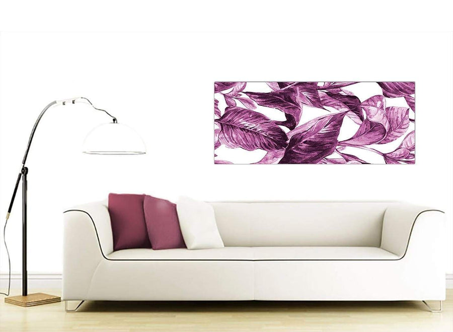 Contemporary Plum Aubergine White Tropical Leaves Canvas Modern 120cm Wide 1319 For Your Bedroom