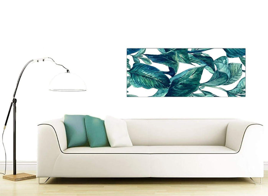 Contemporary Teal Blue Green Tropical Exotic Leaves Canvas Modern 120cm Wide 1325 For Your Living Room