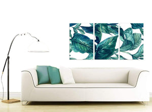 Contemporary Teal Blue Green Tropical Exotic Leaves Canvas Multi 3 Panel 3325 For Your Dining Room
