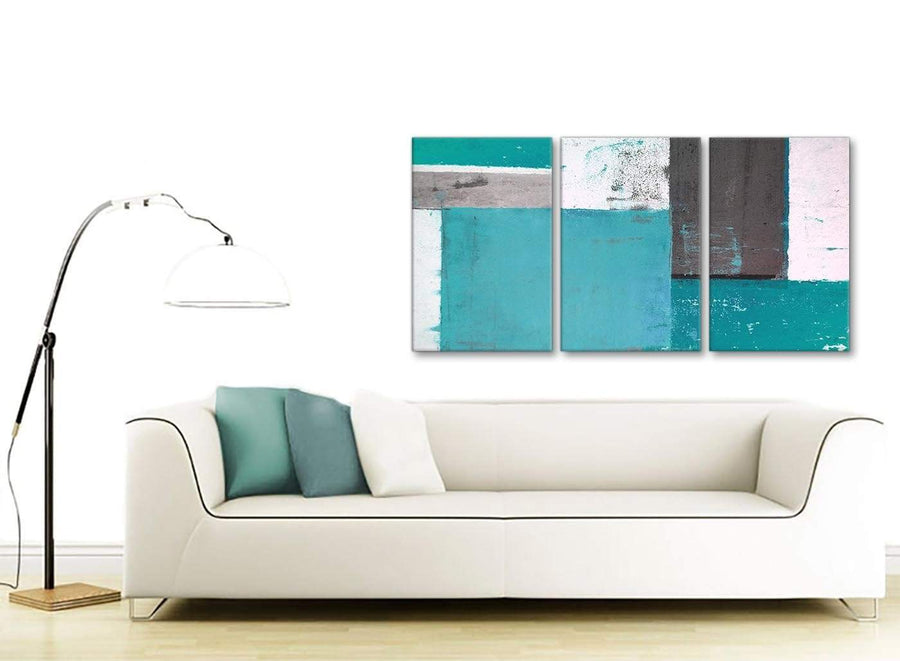 Contemporary Teal Grey Abstract Painting Canvas Wall Art Split 3 Set 125cm Wide 3344 For Your Bedroom