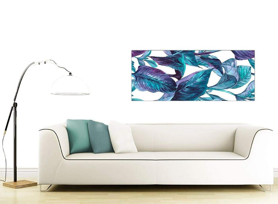Contemporary Turquoise And White Tropical Leaves Canvas Modern 120cm Wide 1323 For Your Living Room