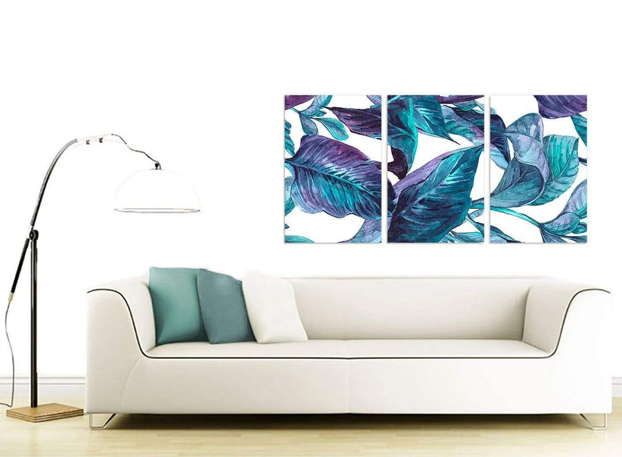 Contemporary Turquoise And White Tropical Leaves Canvas Split 3 Piece 3323 For Your Kitchen