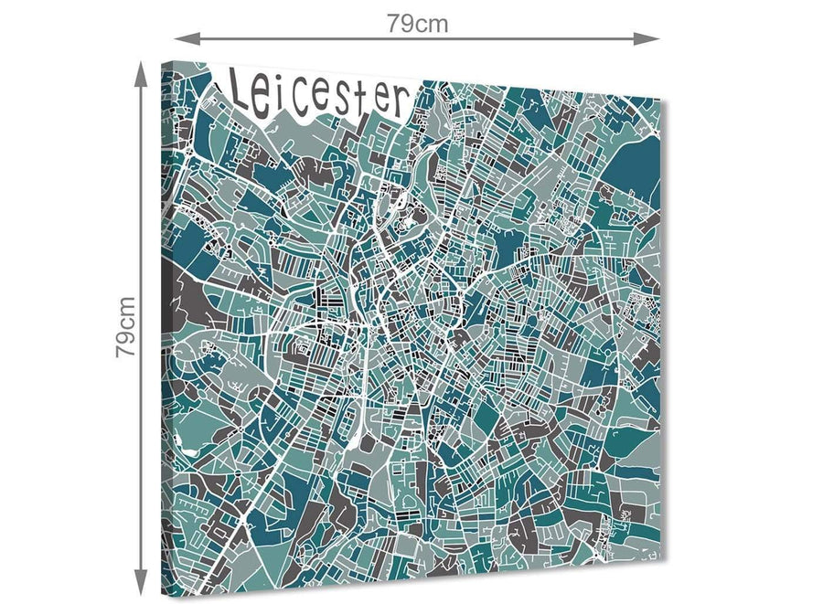 Contemporary Teal Blue Street Map of Leicester - Kitchen Canvas Pictures Decorations - 1s453m - 64cm Square Print