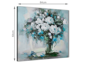 Contemporary Teal White Flowers Painting Hallway Canvas Pictures Decorations - Abstract 1s440m - 64cm Square Print