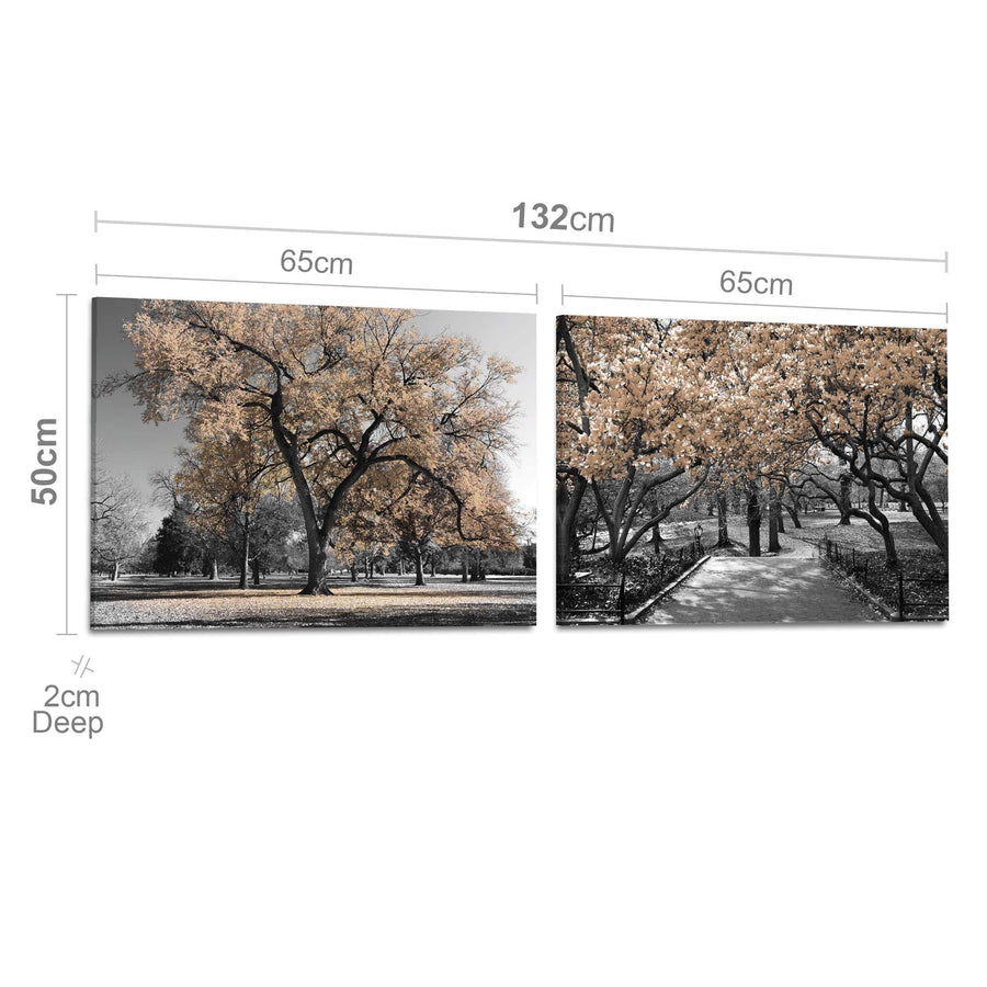 Cream Grey Black Canvas Wall Art - Trees Leaves Blossom - Set of 2 Pictures