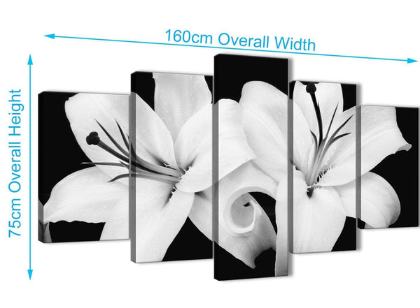 Extra Large 5 Piece Black White Lily Flower Dining Room Canvas Wall Art Decor - 5458 - 160cm XL Set Artwork