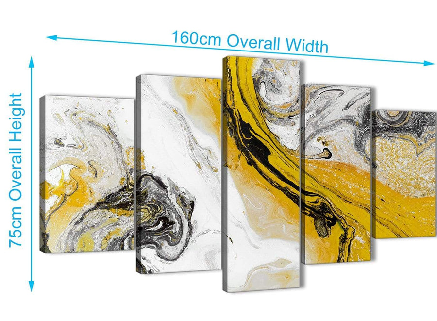 Extra Large 5 Piece Mustard Yellow and Grey Swirl Abstract Dining Room Canvas Pictures Decor - 5462 - 160cm XL Set Artwork