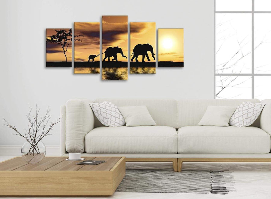 Set of 5 Panel Animal Canvas Wall Art Prints - African Sunset Elephants - 5479 Mustard Yellow - 160cm XL Set Artwork