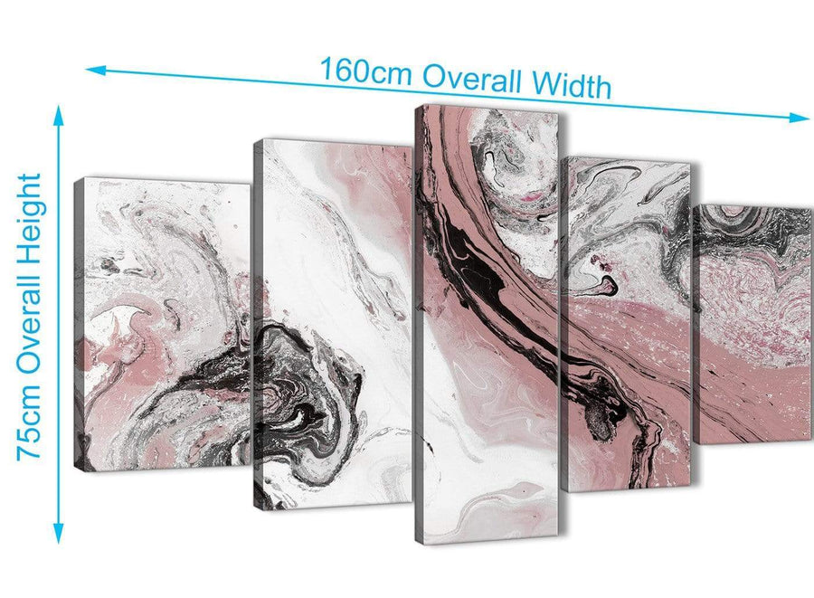 Extra Large 5 Panel Blush Pink and Grey Swirl Abstract Office Canvas Wall Art Decor - 5463 - 160cm XL Set Artwork