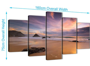 Extra Large 5 Panel Canvas Wall Art Pictures - Panoramic Landscape Beach Sunset - 5198 - 160cm XL Set Artwork