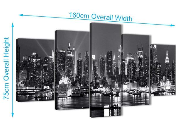 Extra Large 5 Panel Landscape Canvas Wall Art Pictures - New York Hudson River Skyline - 5435 Black White Grey - 160cm XL Set Artwork