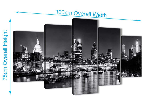 Extra Large 5 Piece Landscape Canvas Wall Art Prints - River Thames Skyline of London - 5430 Black White Grey - 160cm XL Set Artwork