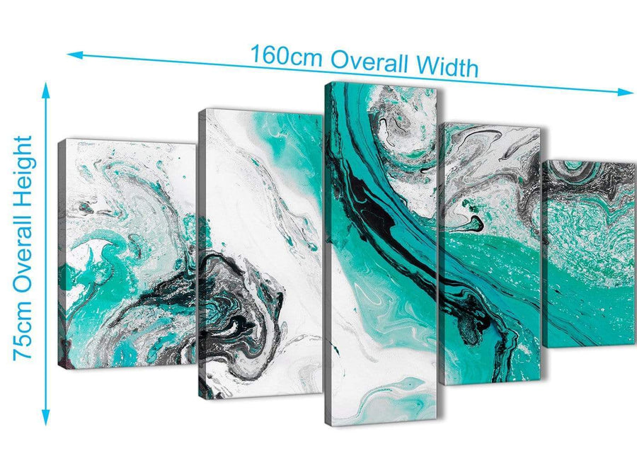 Extra Large 5 Piece Turquoise and Grey Swirl Abstract Dining Room Canvas Wall Art Decor - 5460 - 160cm XL Set Artwork