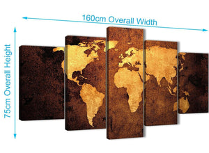 Extra Large 5 Piece Vintage Old World Map - Brown Cream Canvas - Abstract Bedroom Canvas Wall Art Decor - 5188 - 160cm XL Set Artwork