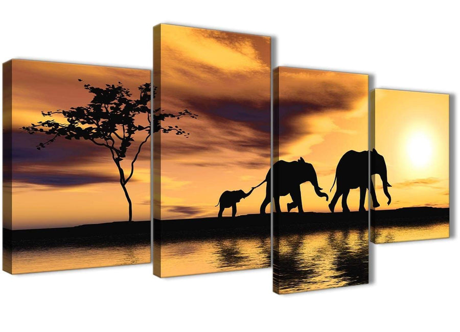 Extra Large African Sunset Elephants Canvas Art Prints - Animal - 4479 Mustard Yellow - 130cm Set of Pictures