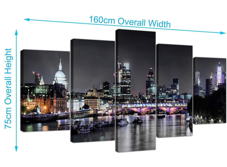 extra large black white london at night with grey cityscape canvas split 5 piece 160cm wide 5211