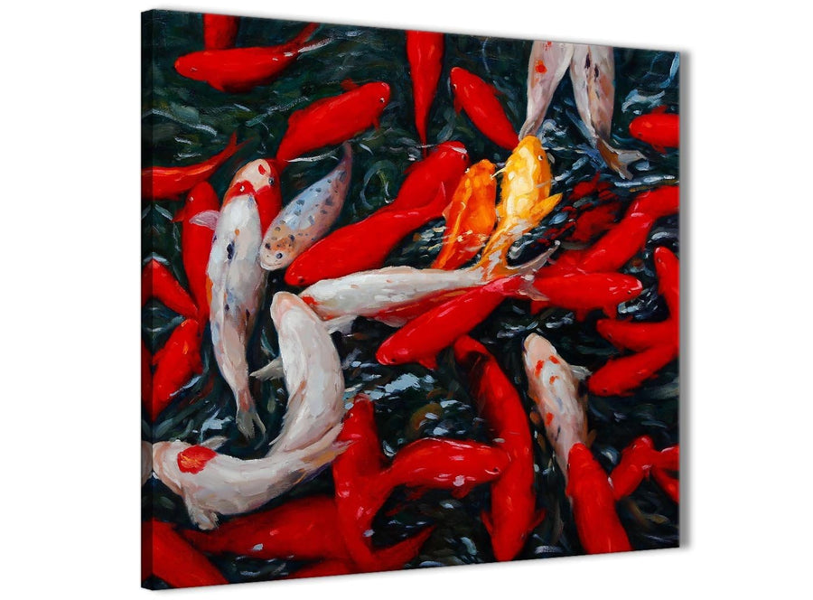 Framed Canvas Art Print Koi Carp Fish Painting - 1s439m Red Orange - 64cm Square Picture