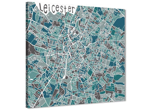 Framed Teal Blue Street Map of Leicester - Kitchen Canvas Pictures Decorations - 1s453m - 64cm Square Print