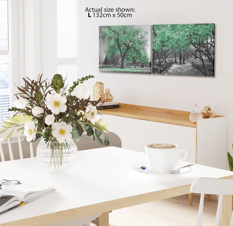 Green Grey Black Canvas Wall Art - Trees Leaves Blossom - Set of 2 Pictures