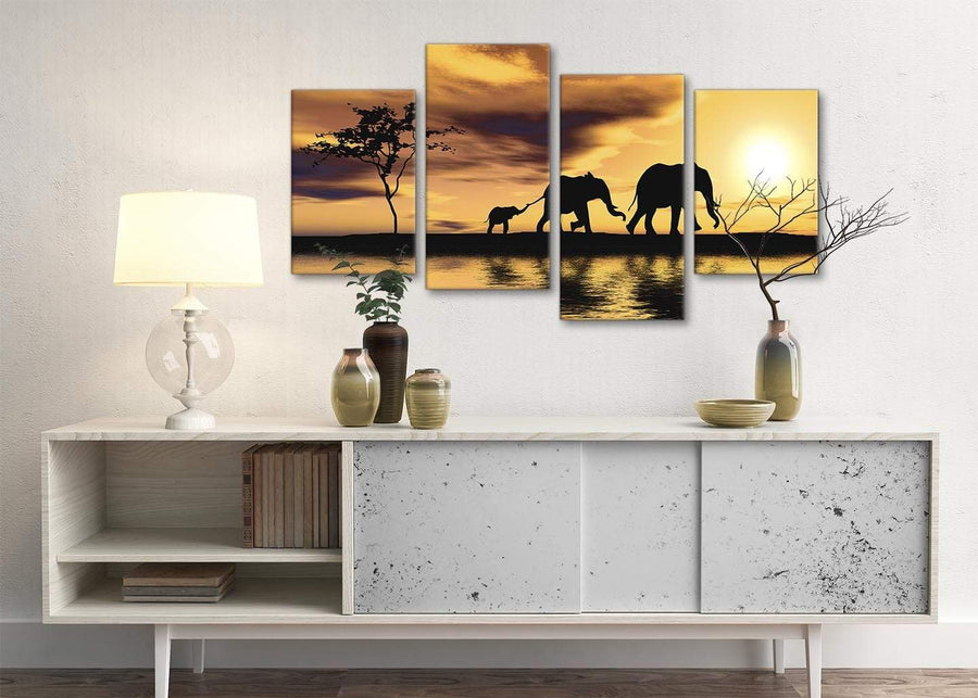 Large African Sunset Elephants Canvas Art Prints - Animal - 4479 Mustard Yellow - 130cm Set of Pictures