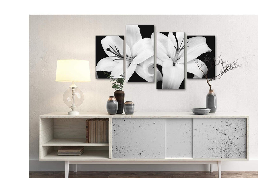 Large Black White Lily Flower Bedroom Canvas Wall Art Decor - 4458 - 130cm Set of Prints